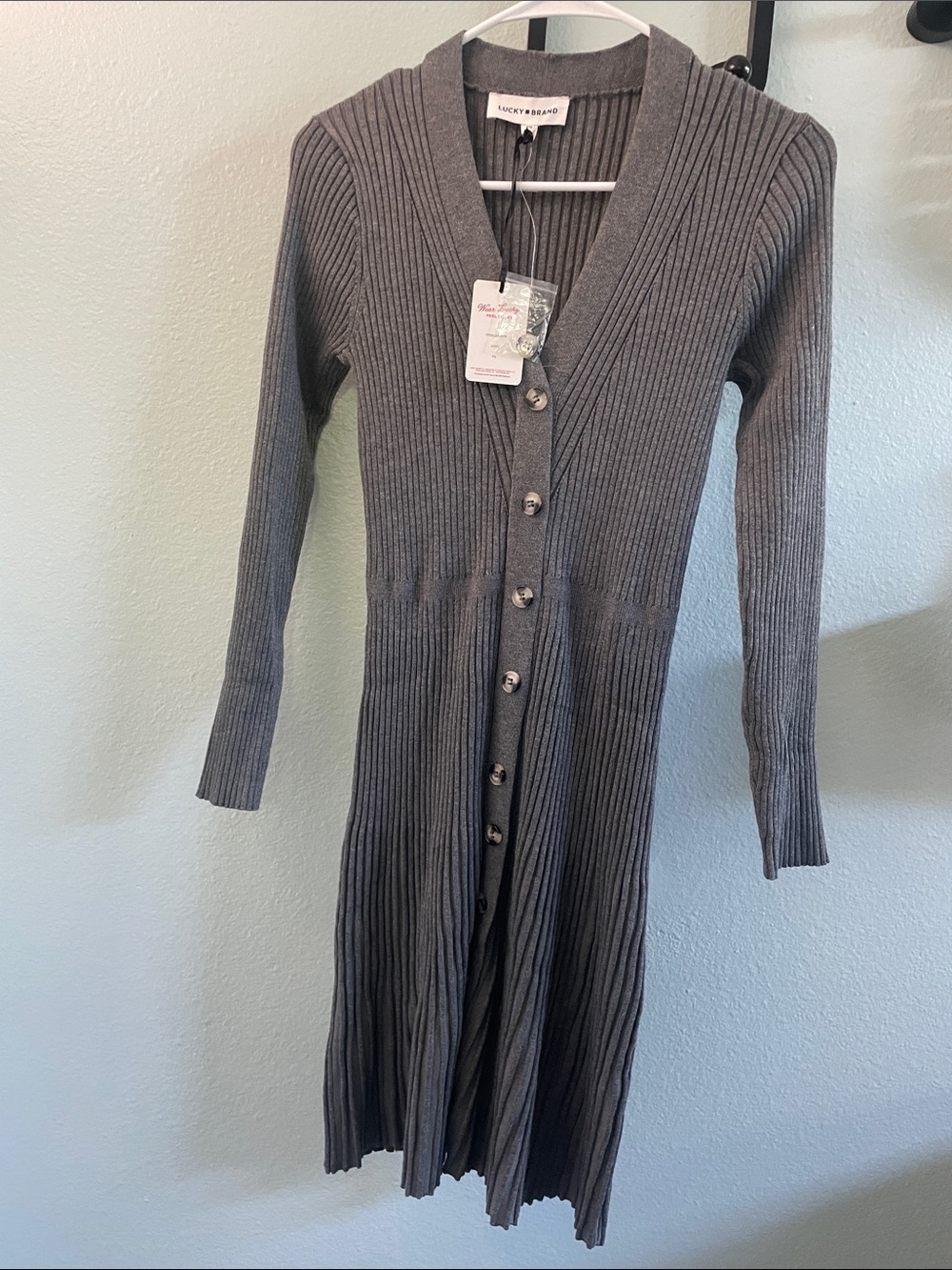 Lucky Brand Charcoal Ribbed Button-Front Long-Sleeve Dress